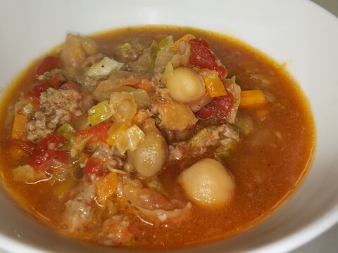 圧力鍋で時短★大豆とひき肉の具だくさんトマトスープ
